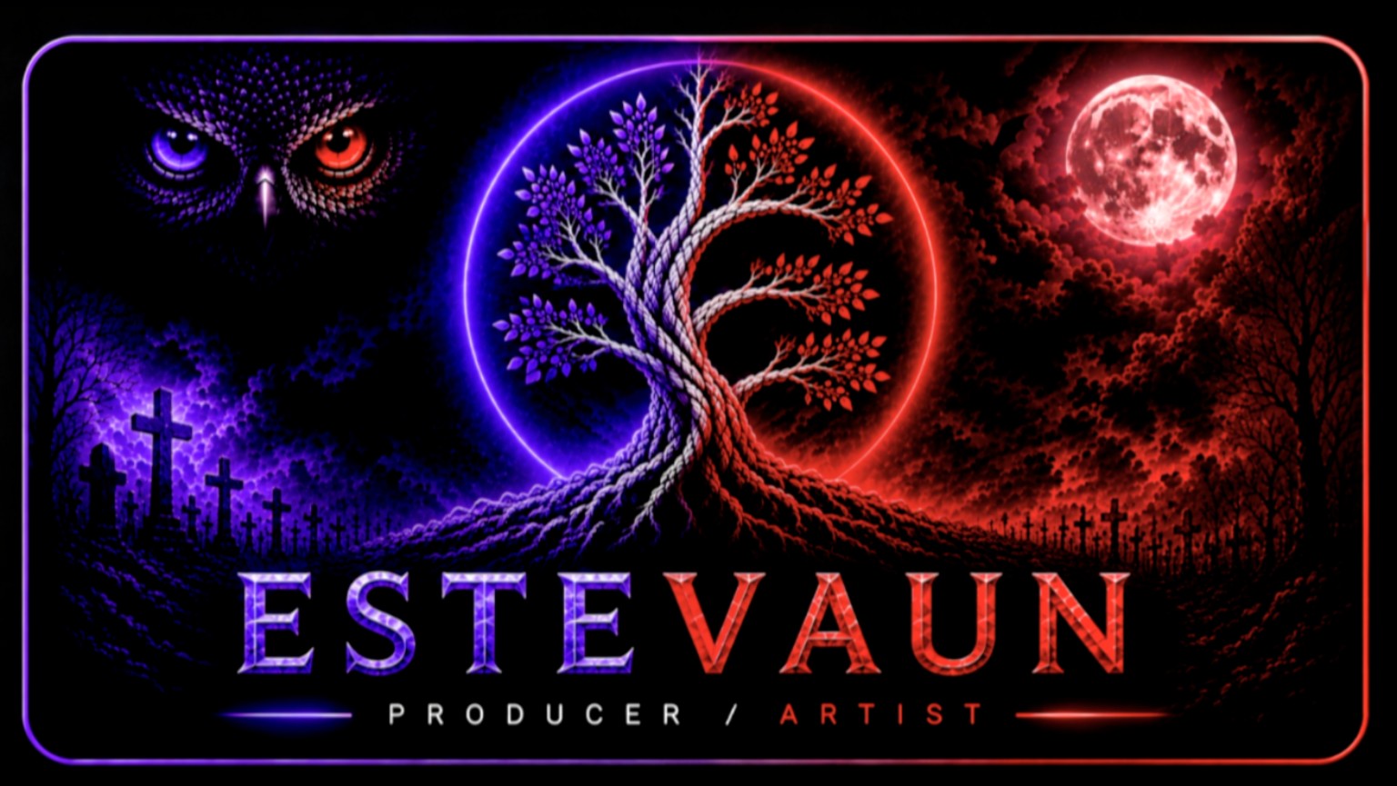Estevaun artist and producer identity artwork with a glowing E-Tree, owl eyes, and a red moon