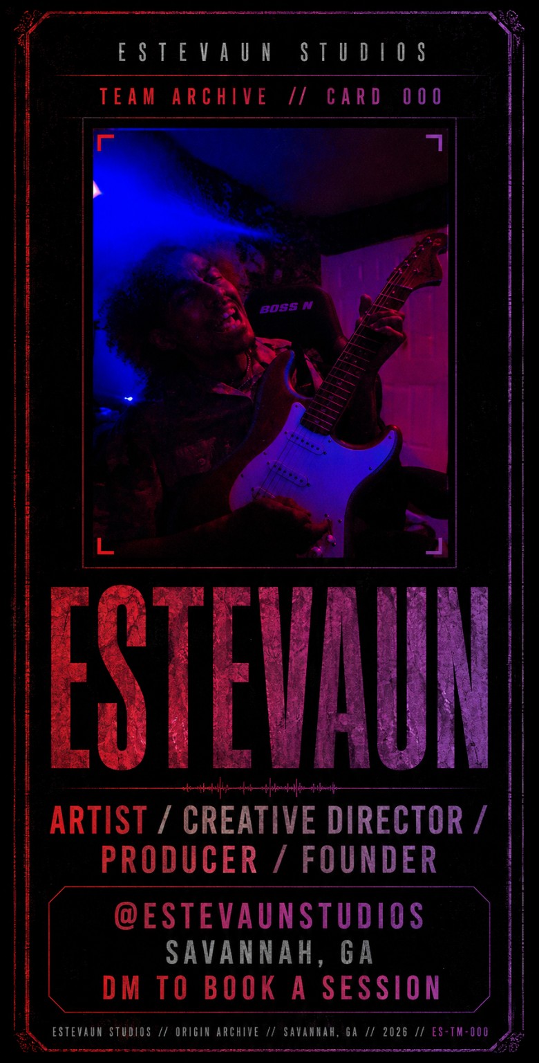 Estevaun Studios founder archive card for Estevaun, artist, producer, and creative director